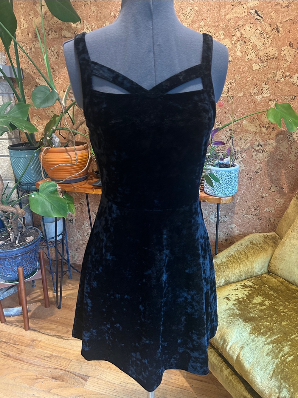 Beautiful Classic Black Velvet A-Line Mini Dress with Cutout Detains